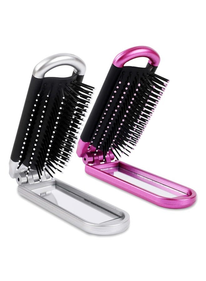Sliverdew Travel Hair Brush, 2 Pieces, Folding Hair Brush with Mirror, Compact Hair Comb, Portable, Collapsible Pocket Brush, Small, for Women, Silver & Purple - Image 1
