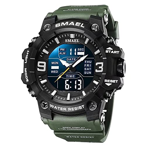 SMAEL Mens Military Watches Outdoor Sports Watch Waterproof LED Date Alarm Digital Analog Wrist Watches for Men Army Green - Image 1