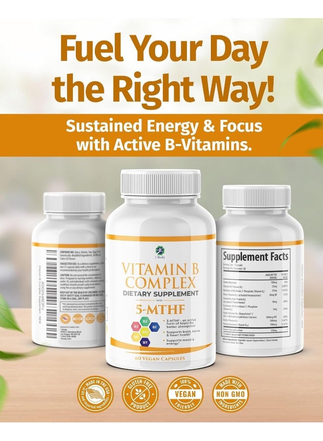 1 Body Vitamin B Complex – Methylated B12, 5-MTHF Folate, High Potency B Vitamins for Energy, Stress, Brain & Heart Support, Vegan, 60 Capsules - Image 5