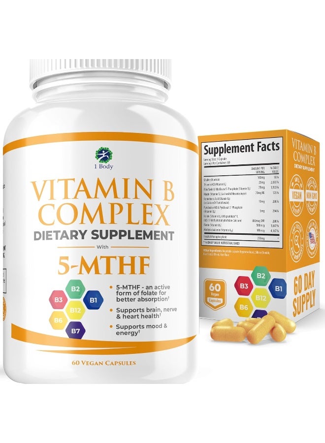 1 Body Vitamin B Complex – Methylated B12, 5-MTHF Folate, High Potency B Vitamins for Energy, Stress, Brain & Heart Support, Vegan, 60 Capsules - Image 1