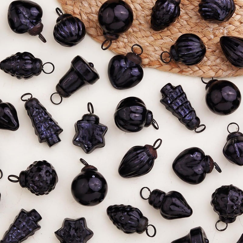 Indian-Shelf 50 Pieces Glass Black Christmas Ornaments Decorative Mercury Mini Vintage Bulk Hanging Ornaments for Halloween Christmas Tree New Year Valentine Day Holidays Event and Wedding Party Decor - Image 1
