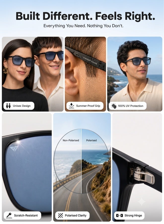 VINCENT CHASE Unisex Mirage Full Rim Wayfarer Frame Polarized & UV Protected Sunglasses VC S13981 - 54mm - Black - Image 2