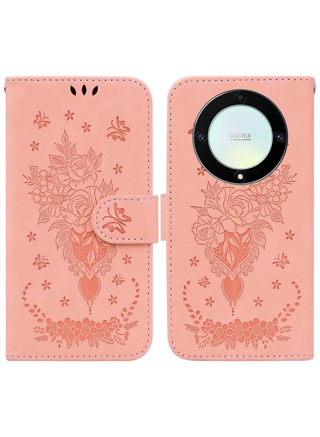 جرين تايجر جراب هاتف Honor X9a من الجلد المنقوش بنقشة الفراشة الوردية - Image 1