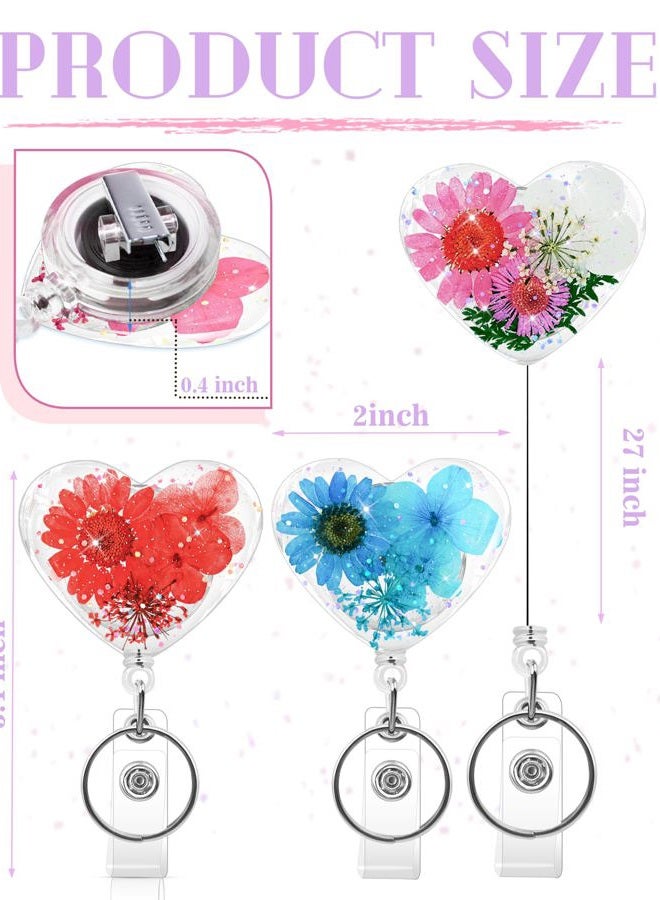 KJQJLY 3 Pcs Cute Flower Badge Reels Retractable for Nurse, Dried Floral Resin Badge Holder with Key Ring, Decorative Nursing Badge Clip for Women Doctor Teacher ID Card (Assorted Colors) - Image 2