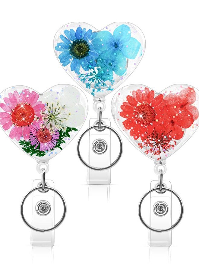 KJQJLY 3 Pcs Cute Flower Badge Reels Retractable for Nurse, Dried Floral Resin Badge Holder with Key Ring, Decorative Nursing Badge Clip for Women Doctor Teacher ID Card (Assorted Colors) - Image 1