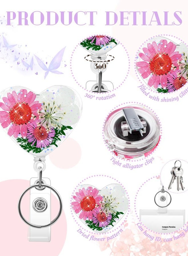 KJQJLY 3 Pcs Cute Flower Badge Reels Retractable for Nurse, Dried Floral Resin Badge Holder with Key Ring, Decorative Nursing Badge Clip for Women Doctor Teacher ID Card (Assorted Colors) - Image 3