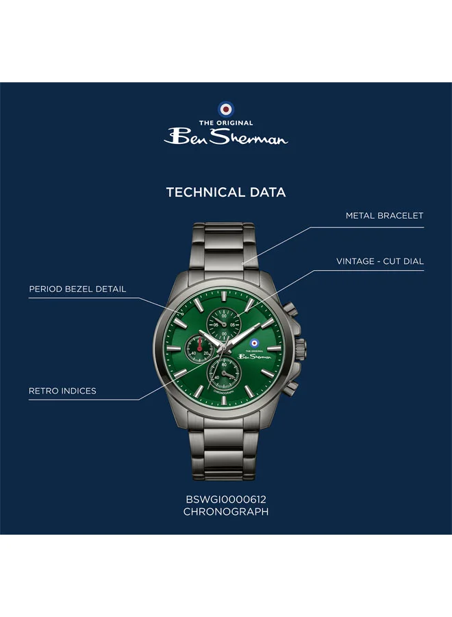 Ben Sherman Green Oxford Green Dial Gunmetal Stainless Steel Bracelet Chronograph Watch for Men, 44mm for Men | Best Price UAE