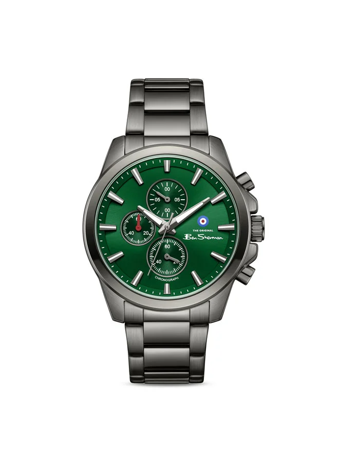 Ben Sherman Oxford Green Dial Gunmetal Stainless Steel Bracelet Chronograph Watch for Men, 44mm