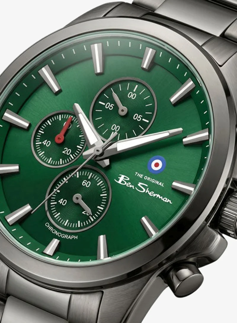 Ben Sherman Oxford Green Dial Gunmetal Stainless Steel Bracelet Chronograph Watch for Men, 44mm