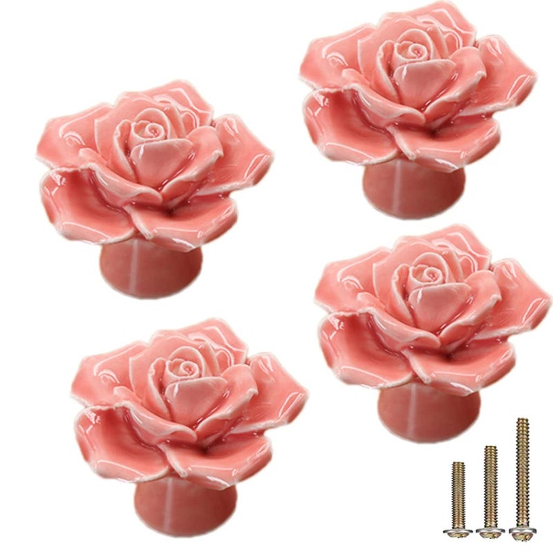 ESreake 4Pack Rose Ceramic Knobs Rose Flower Ceramic Vintage Pulls Kitchen Cabinet Dressing Table Dresser Handles with 3 Size Screws for Girls Room Dresser Cupboard Wardrobe 4 Pink