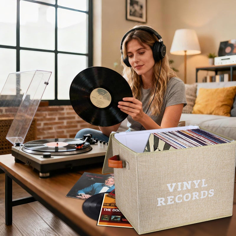 Lukeline Vinyl Record Storage Box, Decorative Moving Box for Records with Handles,LP Record Storage Holds up 100+ Records for Living Room, Study, Concert Hall or Office - Image 4