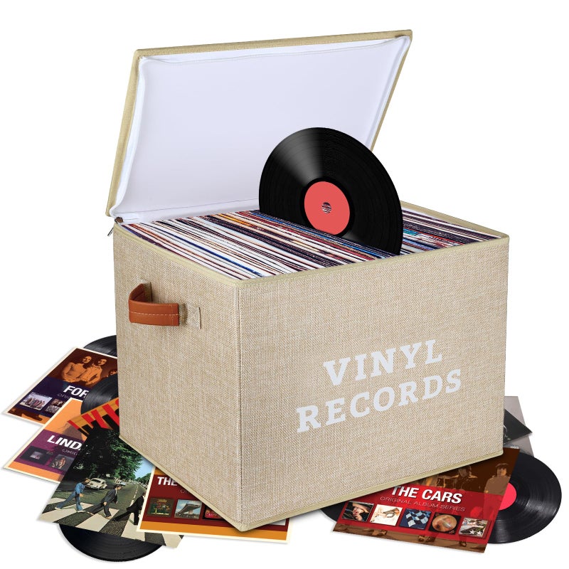 Lukeline Vinyl Record Storage Box, Decorative Moving Box for Records with Handles,LP Record Storage Holds up 100+ Records for Living Room, Study, Concert Hall or Office - Image 1