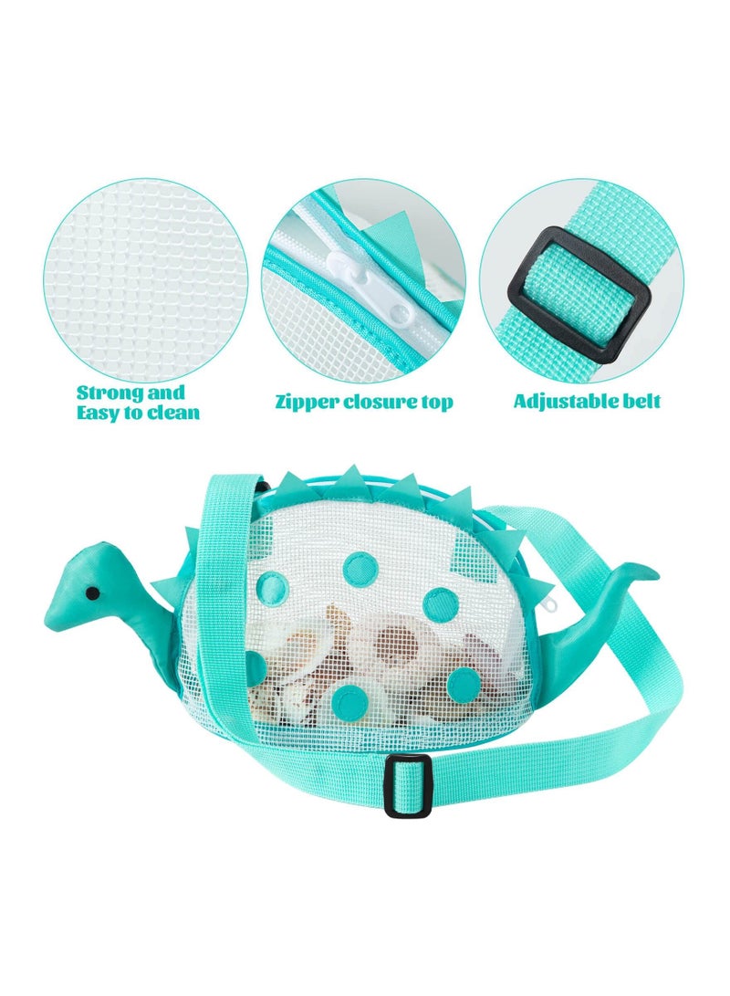 KASTWAVE حقيبة شبكية للشاطئ للأطفال، حقيبة على شكل ديناصور لجمع الأصداف مع أحزمة حمل قابلة للتعديل لجمع الصخور وصيد أسنان القرش (2 قطعة) - Image 2