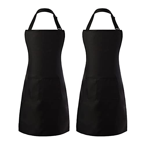 Tosewever 2 Pack Adjustable Bib Apron Waterdrop Resistant Aprons with 2 Pockets Cooking Kitchen Restaurant Aprons for Women Men Chef BBQ Drawing Crafting Outdoors PolyesterBlack 2