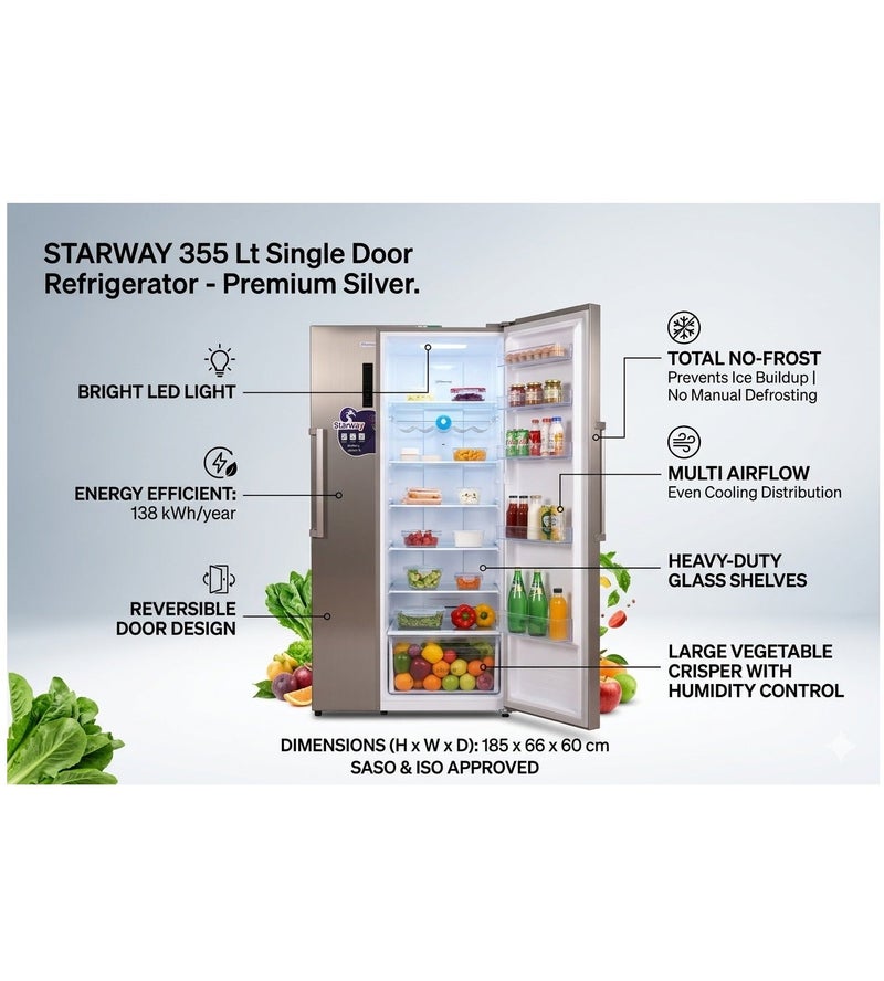 Starway 355 Lt Single Door Refrigerator, Total No Frost, Multi Airflow, Premium Silver - Image 2