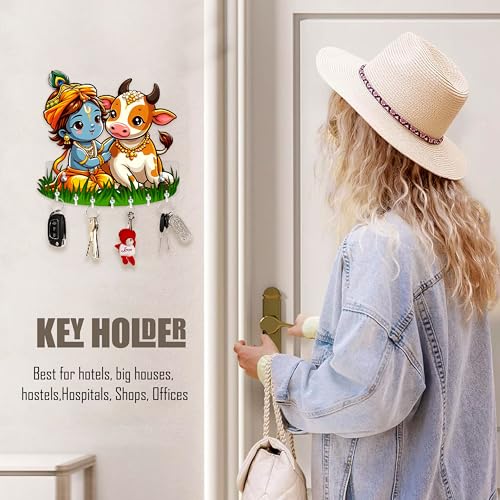 Rousrie Baby Krishna Key Holder, Brown Wooden, 8 Hooks, No-Drill Home Office Wall Mount Storage, Modern Style Decorative Design - Image 2