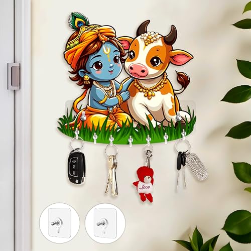 Rousrie Baby Krishna Key Holder, Brown Wooden, 8 Hooks, No-Drill Home Office Wall Mount Storage, Modern Style Decorative Design - Image 1