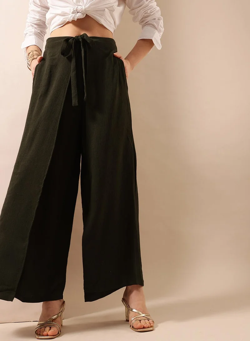 آي شين Olive Poly Solid Print Full Length Palazzo Flared Trouser For Women