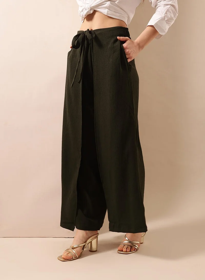 Ishin  Olive Poly Solid Print Full Length Palazzo Flared Trouser For Women for Women | Best Price UAE