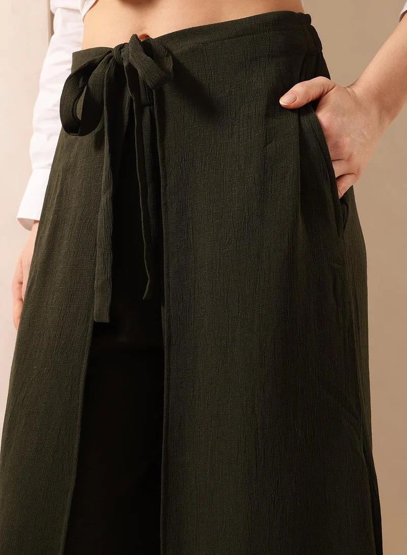 Ishin  Olive Poly Solid Print Full Length Palazzo Flared Trouser For Women for Women | Best Price UAE