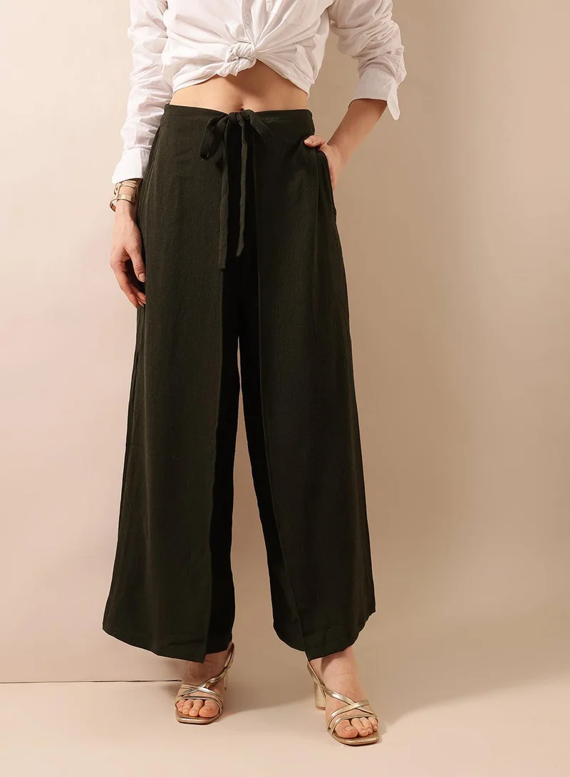 Ishin  Olive Poly Solid Print Full Length Palazzo Flared Trouser For Women for Women | Best Price UAE