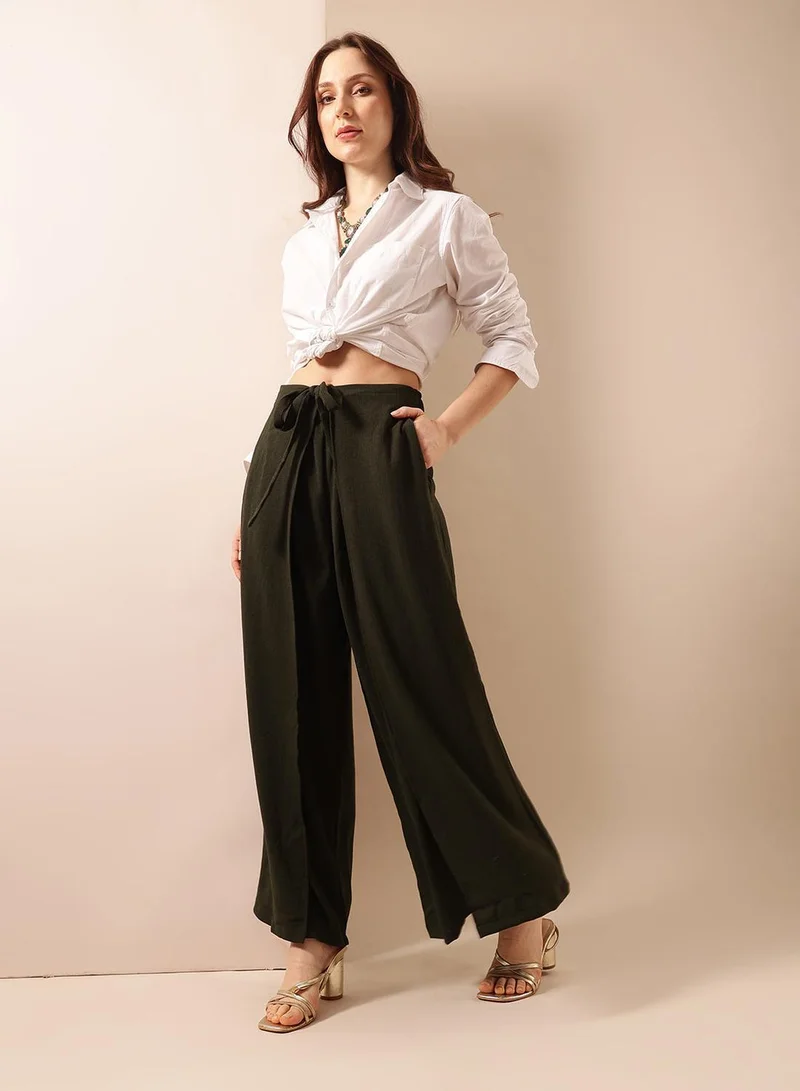 آي شين Olive Poly Solid Print Full Length Palazzo Flared Trouser For Women