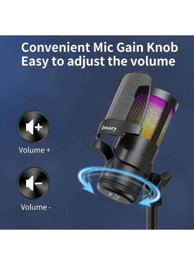 USB RGB Podcast Microphone for PC & Laptop – Professional Condenser Mic with Tap-to-Mute, Adjustable Gain, Noise Cancellation, Zero-Latency Monitoring, RGB Lights, 360° Rotation, Shock Mount & Pop Filter for Streaming, Gaming, Podcasting