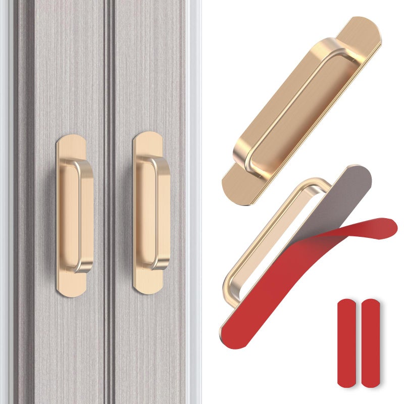Mixizigoz 2 Pack 5.7 Inch Adhesive Cabinet Handles - No Drill Stick on Door Push Pulls for Closet, Drawer, Fridge - Peel & Stick Sliding Door Handles with Strong Adhesive & Secure Grip (2, Gold) - Image 1