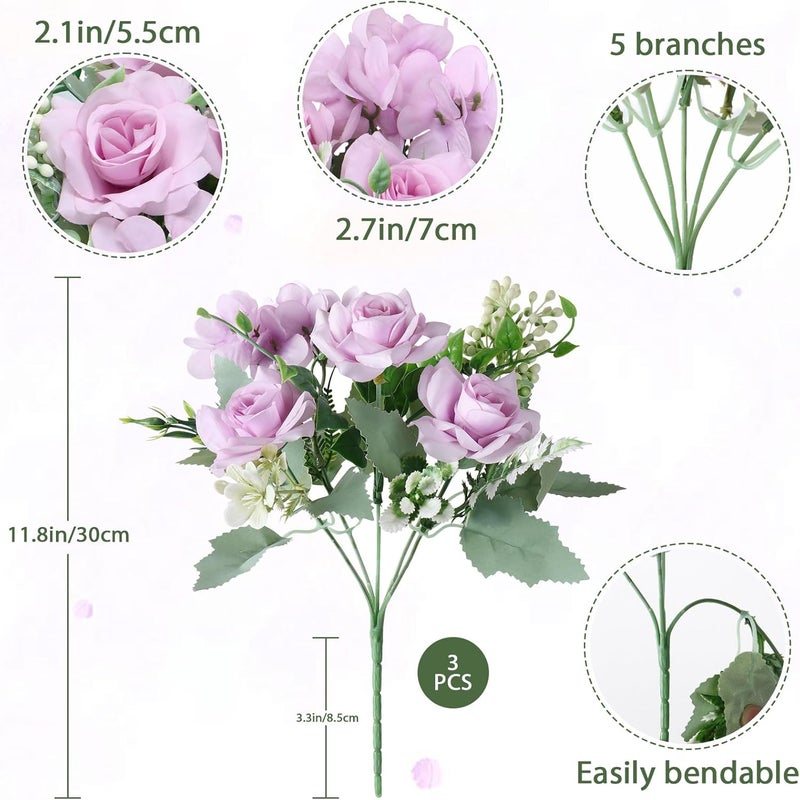SOMYTING 3 Pcs Artificial Rose Silk Flowers, Faux Roses Fake Flowers Bouquet for Wedding Party Centerpiece Garden Home Decor (Purple) - Image 2