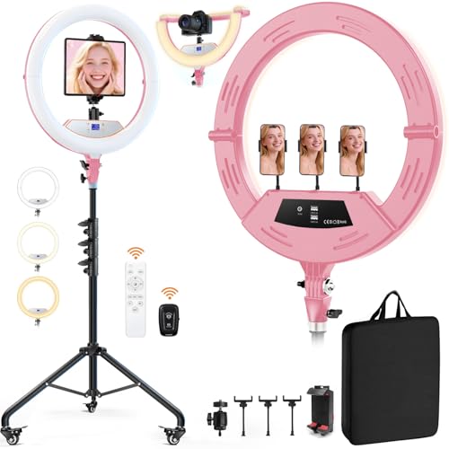 MACTREM 22" Foldable Ring Light with Stand for iPhone ipad, 75" Tripod with Wheels 50W 6500K LED Display/2 USB Ports Large Ringlight Rolling, Tattoo Barber Makeup Studio Video Photography Lighting(Pink) - Image 1