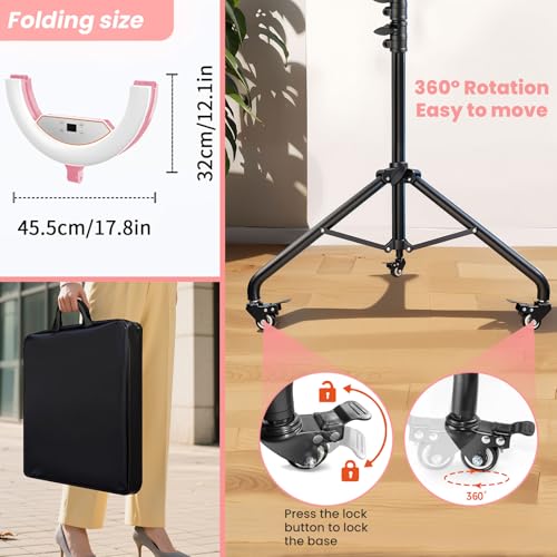 MACTREM 22" Foldable Ring Light with Stand for iPhone ipad, 75" Tripod with Wheels 50W 6500K LED Display/2 USB Ports Large Ringlight Rolling, Tattoo Barber Makeup Studio Video Photography Lighting(Pink) - Image 3