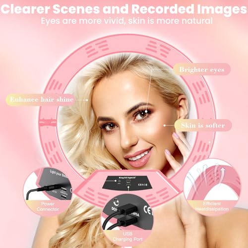 MACTREM 22" Foldable Ring Light with Stand for iPhone ipad, 75" Tripod with Wheels 50W 6500K LED Display/2 USB Ports Large Ringlight Rolling, Tattoo Barber Makeup Studio Video Photography Lighting(Pink) - Image 4
