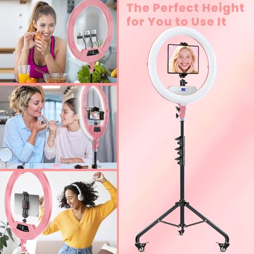 MACTREM 22" Foldable Ring Light with Stand for iPhone ipad, 75" Tripod with Wheels 50W 6500K LED Display/2 USB Ports Large Ringlight Rolling, Tattoo Barber Makeup Studio Video Photography Lighting(Pink) - Image 2