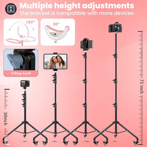 MACTREM 22" Foldable Ring Light with Stand for iPhone ipad, 75" Tripod with Wheels 50W 6500K LED Display/2 USB Ports Large Ringlight Rolling, Tattoo Barber Makeup Studio Video Photography Lighting(Pink) - Image 5
