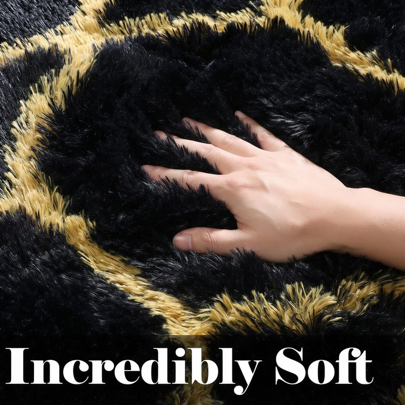 ONASAR 5x7 Area Rugs for Living Room Bedroom, Fluffy Black and Gold Faux Fur Rug, Geometric Boho Soft Plush Shaggy Floor Carpet Mat for Nursery Kids Girls Boys Teen Dorm Home Office Decor - Image 2