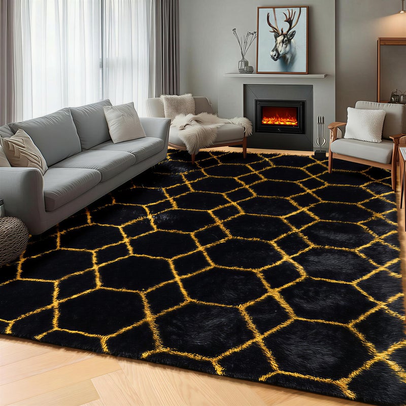 ONASAR 5x7 Area Rugs for Living Room Bedroom, Fluffy Black and Gold Faux Fur Rug, Geometric Boho Soft Plush Shaggy Floor Carpet Mat for Nursery Kids Girls Boys Teen Dorm Home Office Decor - Image 1