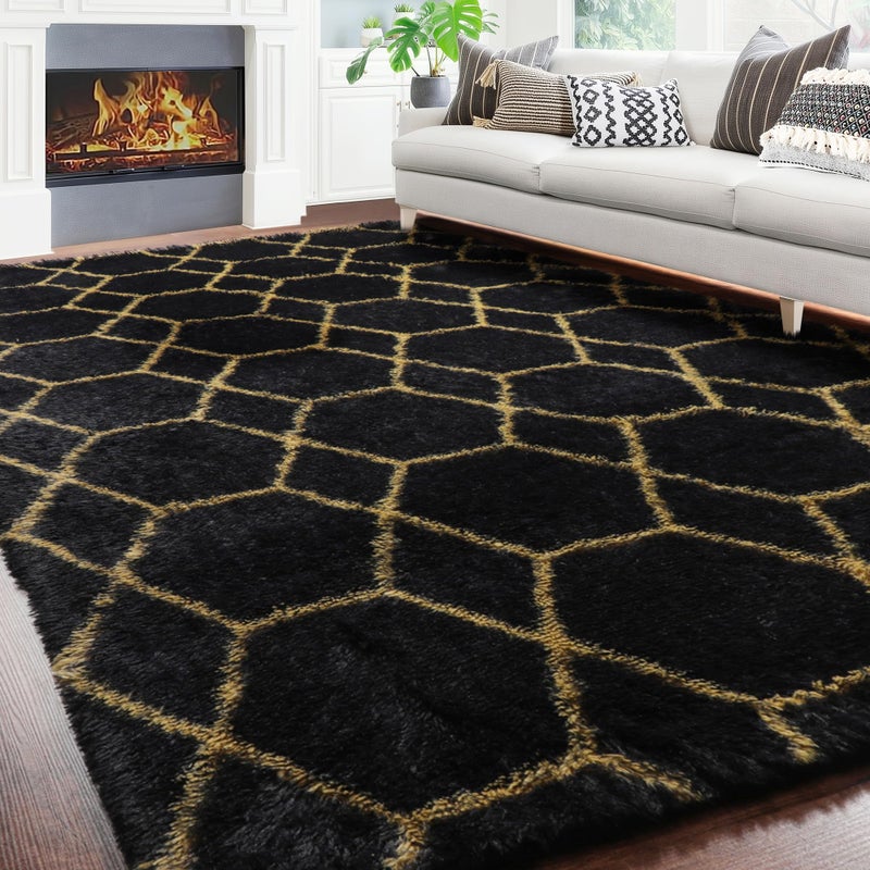 ONASAR 5x7 Area Rugs for Living Room Bedroom, Fluffy Black and Gold Faux Fur Rug, Geometric Boho Soft Plush Shaggy Floor Carpet Mat for Nursery Kids Girls Boys Teen Dorm Home Office Decor - Image 3