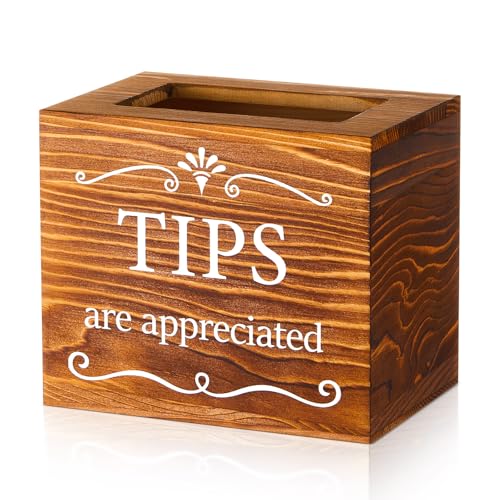Vesici Wooden Tips Jar Tip Collection Box 6 x 4 x 5 Inch Donation Bucket Money Coin Storage Container Suggestion Box Raffle Cash Box for Bartender Restaurants Bars Musicians DriverBurnt Wood - Image 1