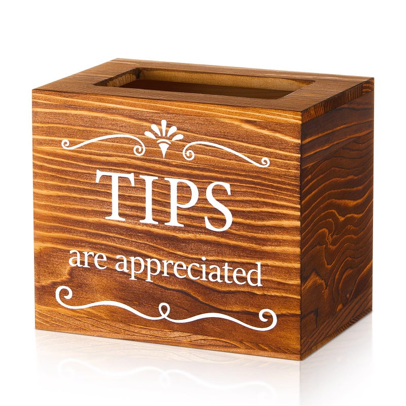 Vesici Wooden Tips Jar Tip Collection Box 6 x 4 x 5 Inch Donation Bucket Money Coin Storage Container Suggestion Box Raffle Cash Box for Bartender Restaurants Bars Musicians DriverBurnt Wood - Image 2