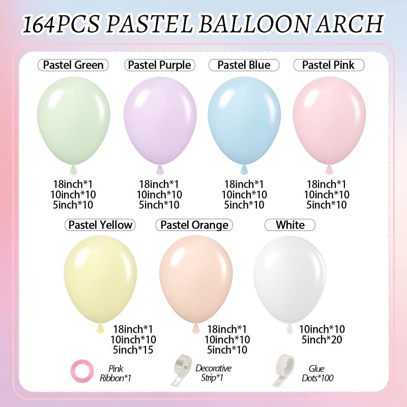 Leraqertra 164pcs Pastel Balloon Arch, Pastel Balloon Garland with Pastel Pink Purple Yellow Blue Green Orange Balloons for Easter Rainbow Baby Shower Birthday Party Decorations - Image 2