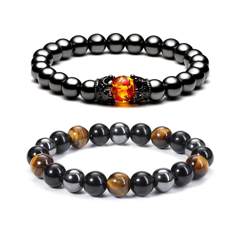 Jovivi 2 Pcs Hematite Black Obsidian Tiger Eye Stone Bracelets for Men Women 10mm Natural Round Gemstone Beads Beaded Healing Crystal Bracelet for Protection, Good Luck - Image 1