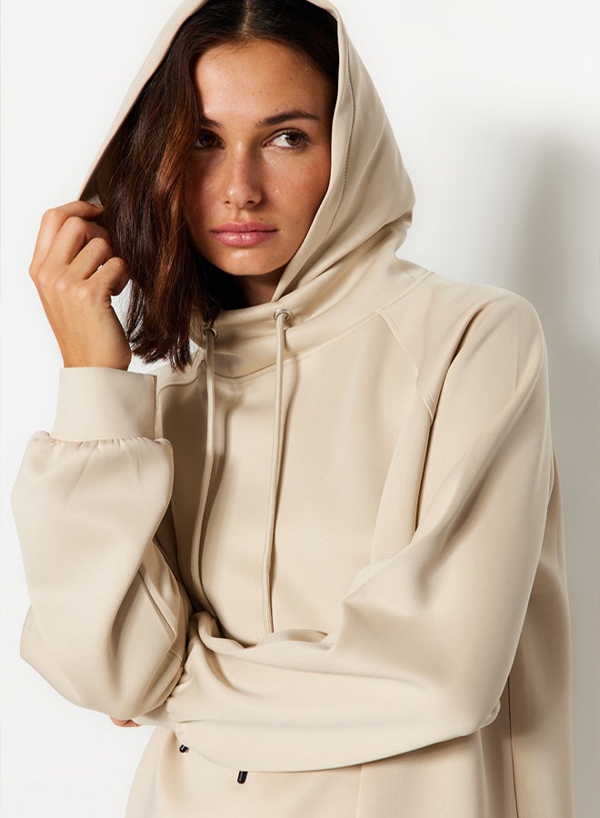 trendyol Cream Hooded Diver/Scuba Knitted Sweatshirt - Image 1