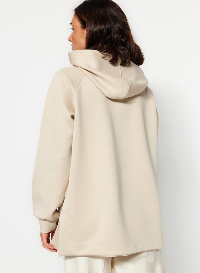 trendyol Cream Hooded Diver/Scuba Knitted Sweatshirt - Image 5