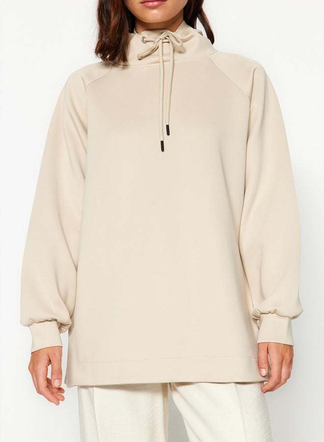 trendyol Cream Hooded Diver/Scuba Knitted Sweatshirt - Image 4