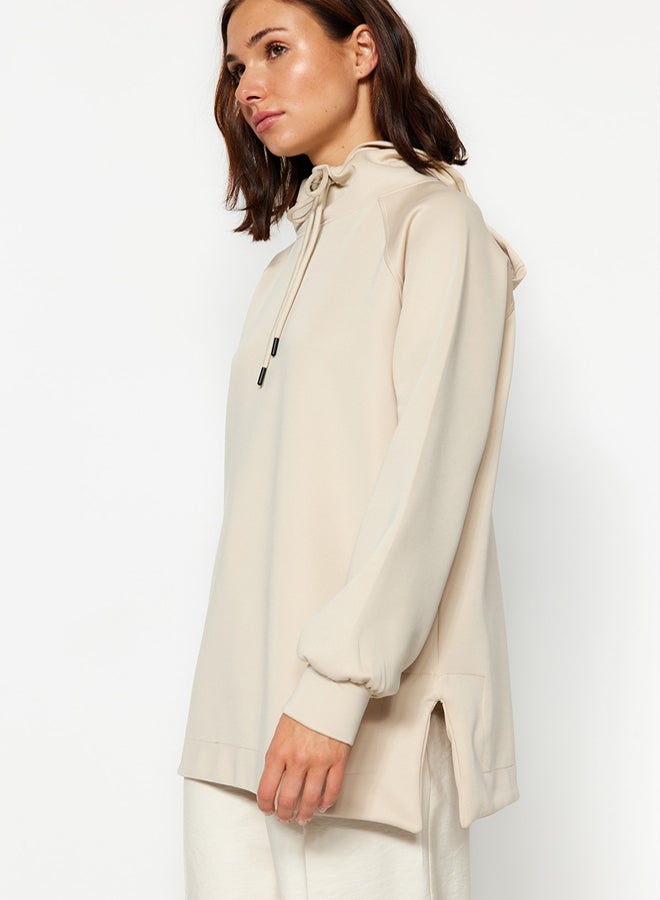 trendyol Cream Hooded Diver/Scuba Knitted Sweatshirt - Image 3