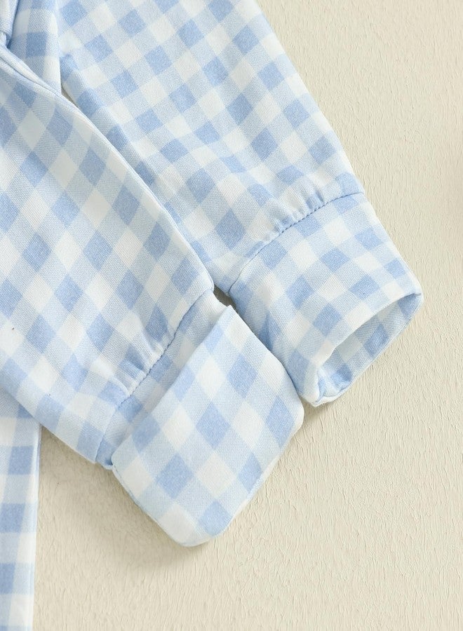 طقم ملابس للأطفال حديثي الولادة (أزرق، حديثي الولادة) - ياقة دمية، كاروهات، أكمام طويلة، سحاب، جوارب طويلة، قطعة واحدة، جمبسوت، ملابس خريفية (أزرق، حديثي الولادة) - Image 5