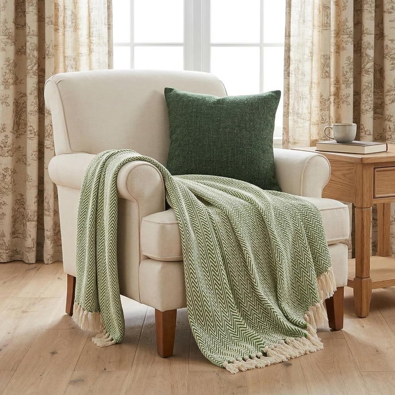 Americanflat 100% Cotton Throw Blanket for Couch - 50x60 Sage and Beige Throw Blanket for Bed or Sofa - Machine Washable, All Seasons Neutral Lightweight Throw Blanket for Indoor or Outdoor Use - Image 4