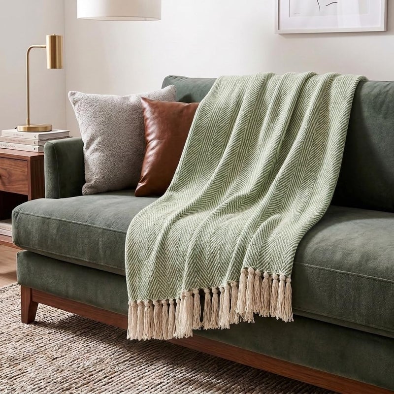 Americanflat 100% Cotton Throw Blanket for Couch - 50x60 Sage and Beige Throw Blanket for Bed or Sofa - Machine Washable, All Seasons Neutral Lightweight Throw Blanket for Indoor or Outdoor Use - Image 1