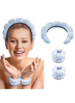 benchalak Spa Headband for Washing Face and Makeup, 3 Pack of Terry Cloth Headbands with Non Slip Design, Soft Face Wash Headband for Women, Blue  - Image 1