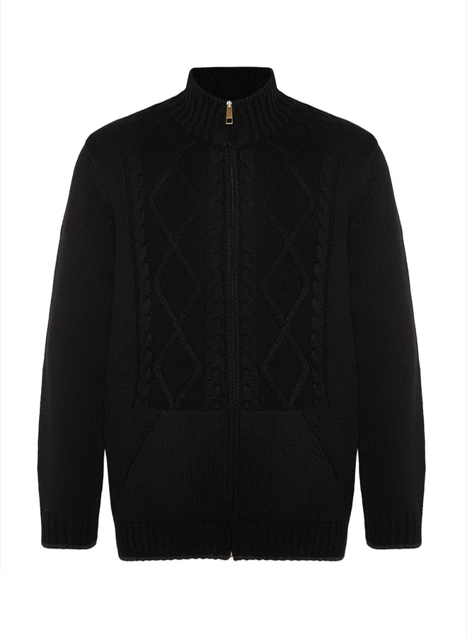trendyol Black Regular Fit Wool Knit Detailed Zippered Pocket Knitwear Cardigan - Image 5